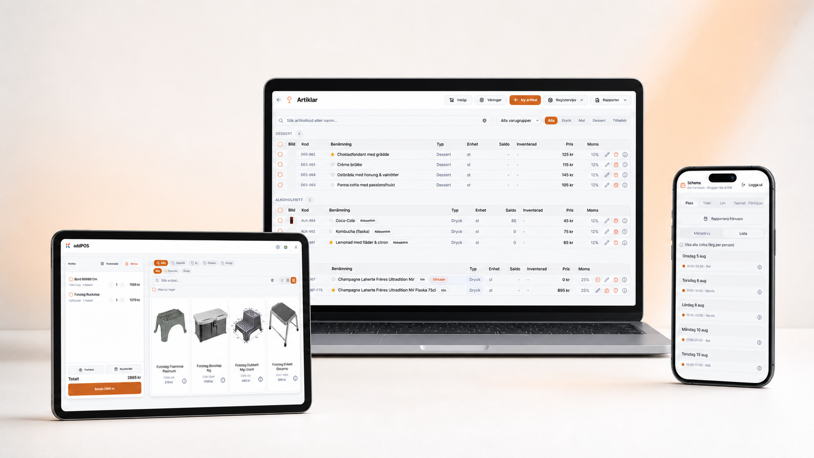 addPOS på laptop, surfplatta och mobil. Artiklar, butikskassa och personalapp.