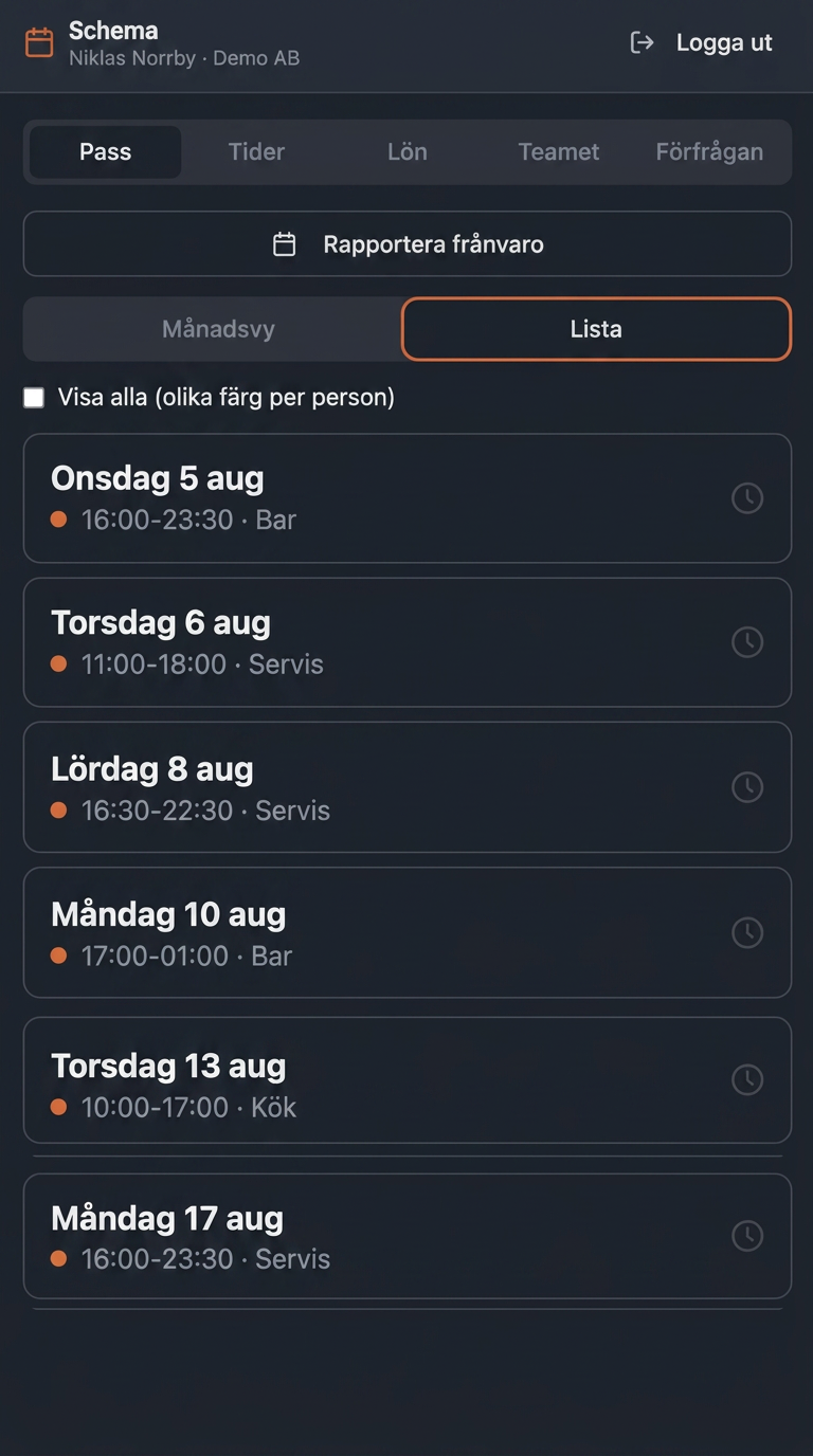 Personalappen med schema och månadsvy