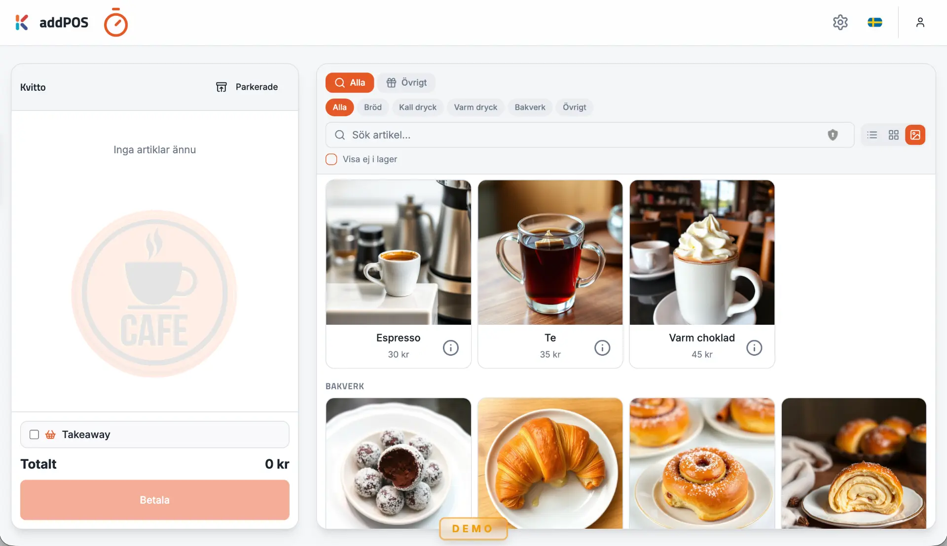 Kassavyn i addPOS på surfplatta med produktbilder